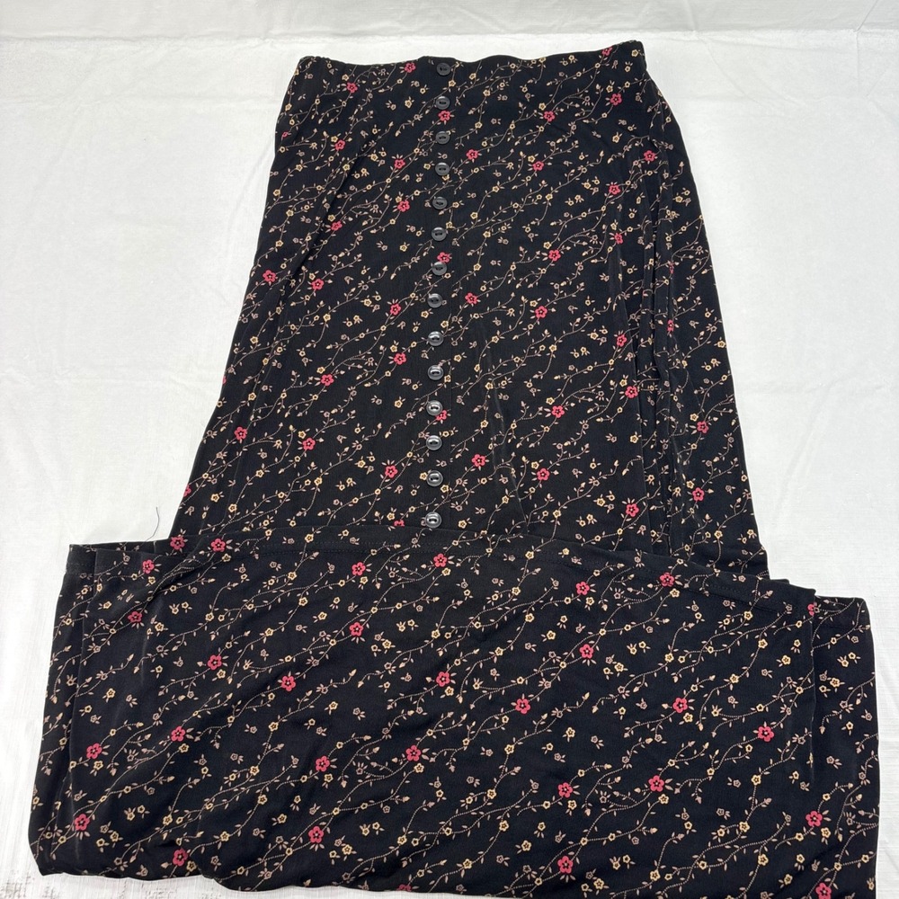 Briggs New York Womens Small Black Floral Button Front Maxi Skirt Vintage 90s